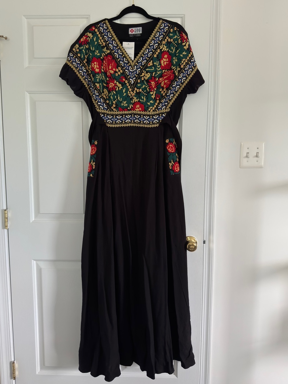 Hand-Embroidered Black Maxi Dress with Floral Accents